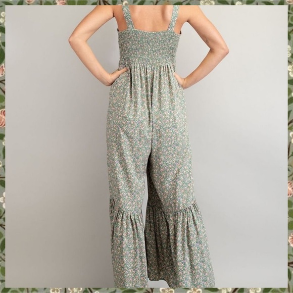 EASEL Smocked Sleeveless Lightweight Ultra Wide Leg Ruffled Hem Jumpsuit Romper - Picture 11 of 14